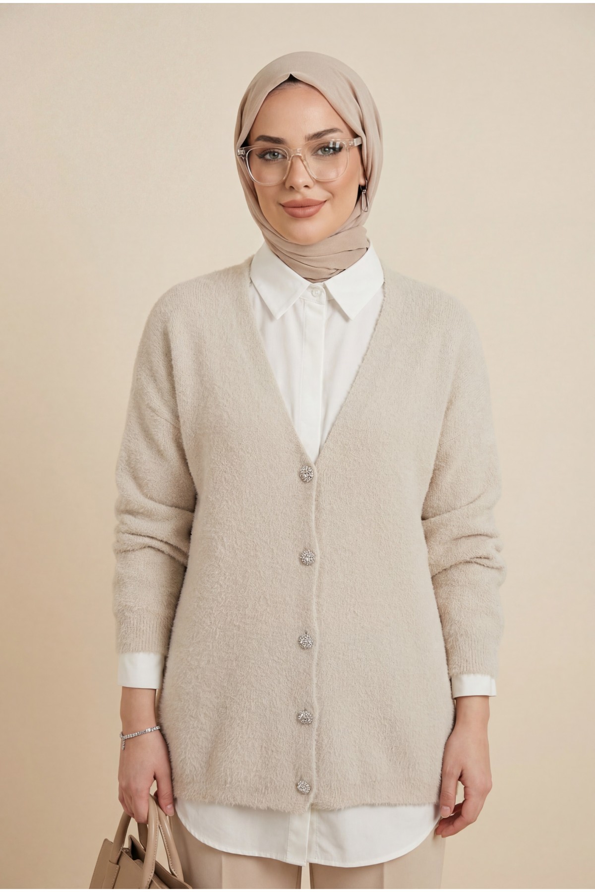 Önü Düğmeli Sakallı Salaş Triko Hırka     -Taş