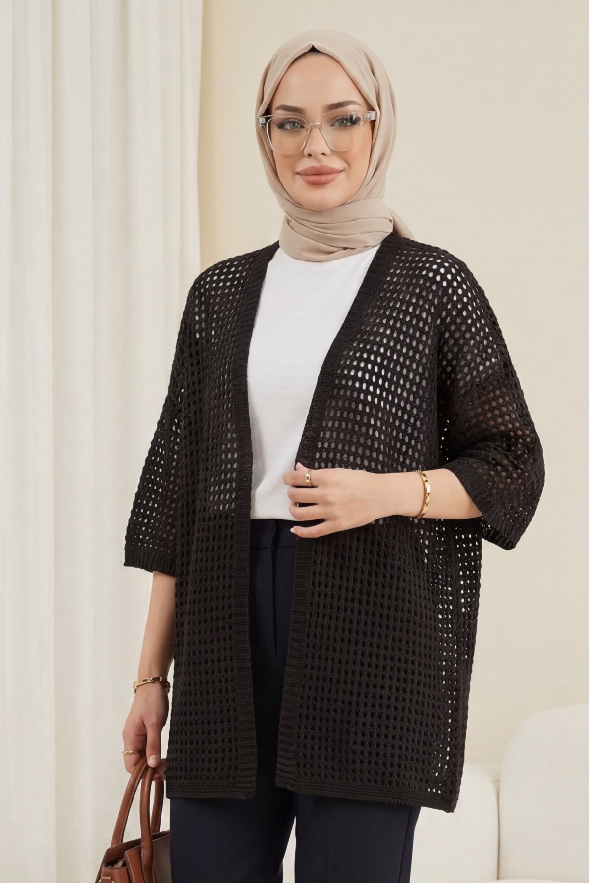 Yarasa Yarım Kol Ajurlu Triko Hırka  -Kahve