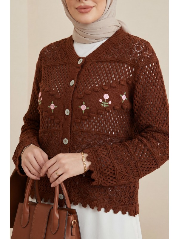 Önü Çiçek Nakışlı Ponponlu Düğmeli Triko Hırka   -Kiremit