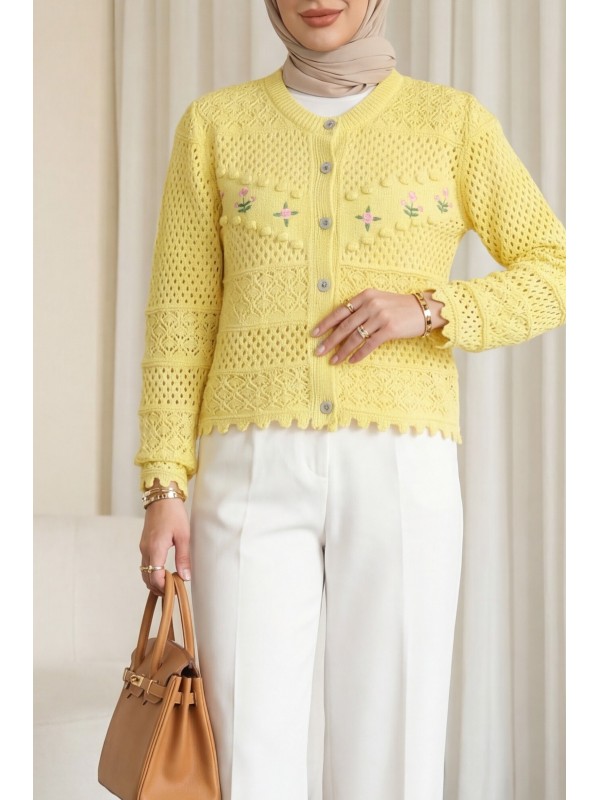 Önü Çiçek Nakışlı Ponponlu Düğmeli Triko Hırka   -Sarı