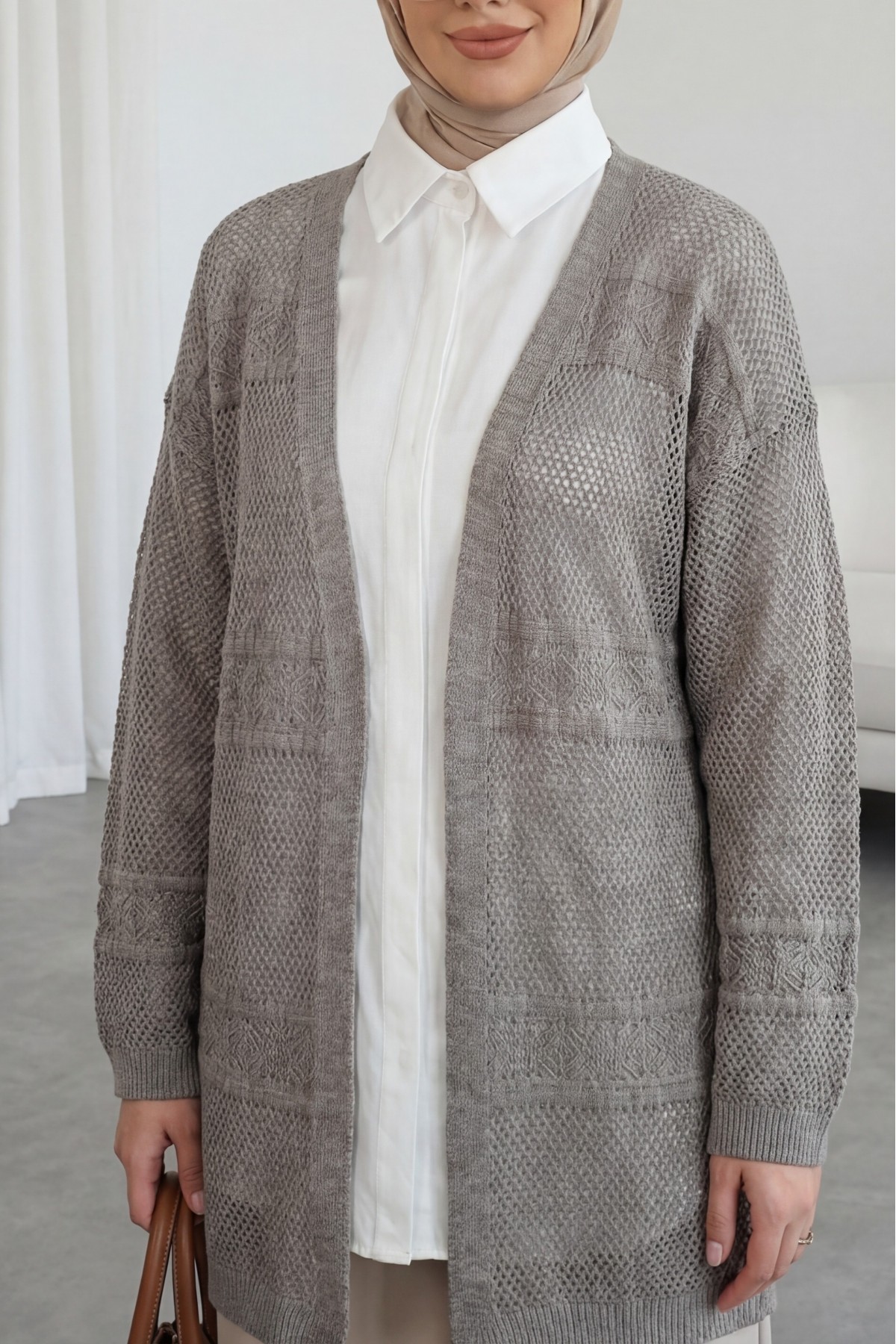 Desenli Ajurlu Triko Hırka  -Vizon