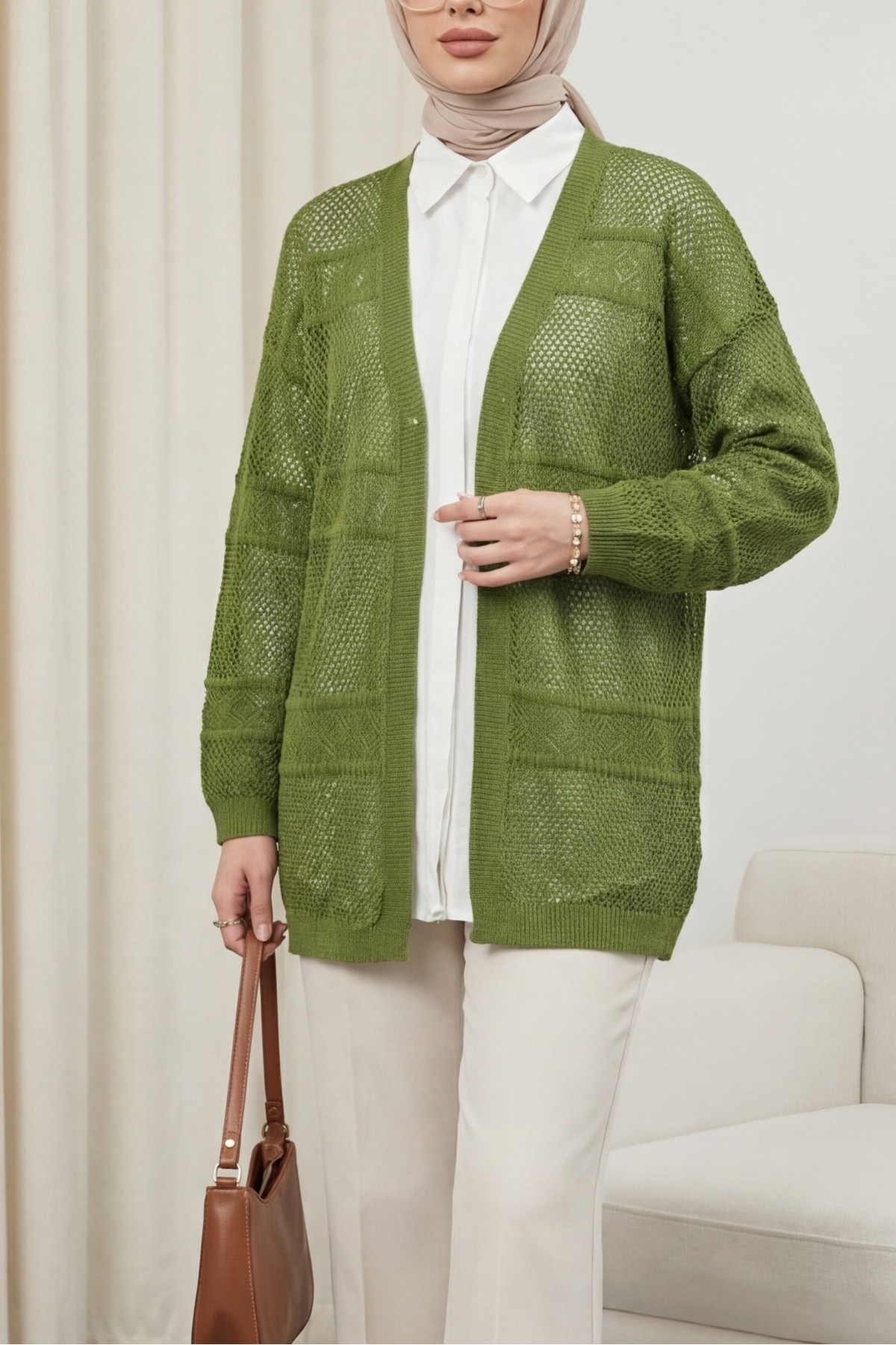 Desenli Ajurlu Triko Hırka  -Yağ Yeşili