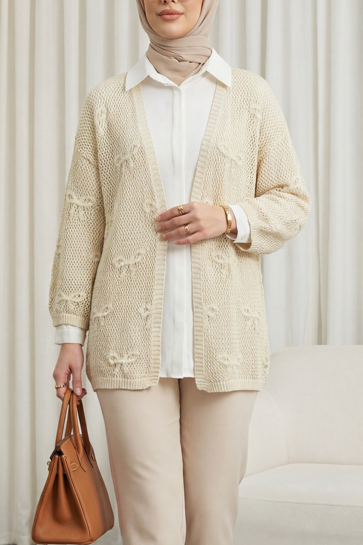 Fiyonk Desenli Ajurlu Triko Hırka -Krem