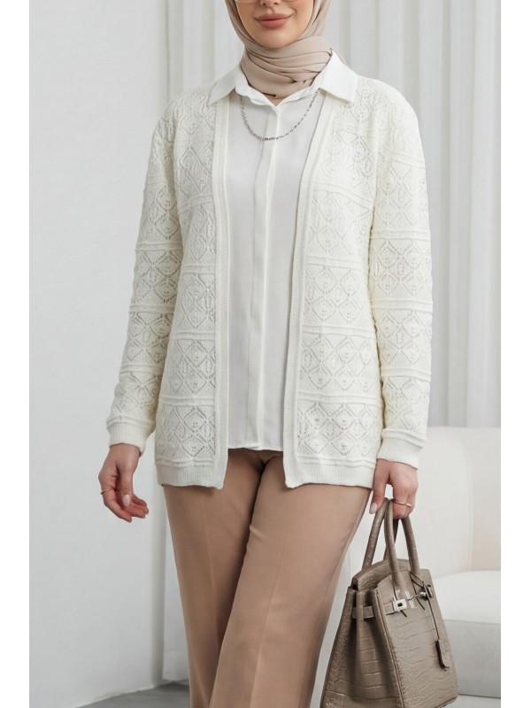 Kare Desenli Ajurlu Salaş Triko Hırka -Beyaz