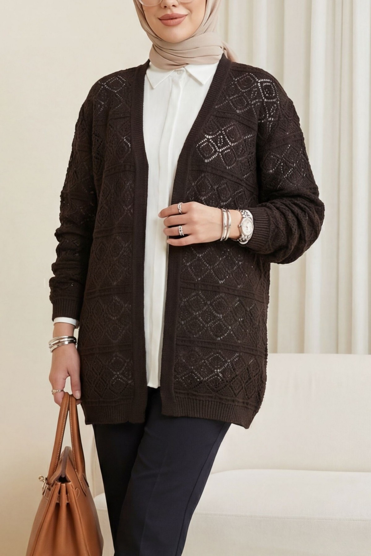 Kare Desenli Ajurlu Salaş Triko Hırka -K. Kahve