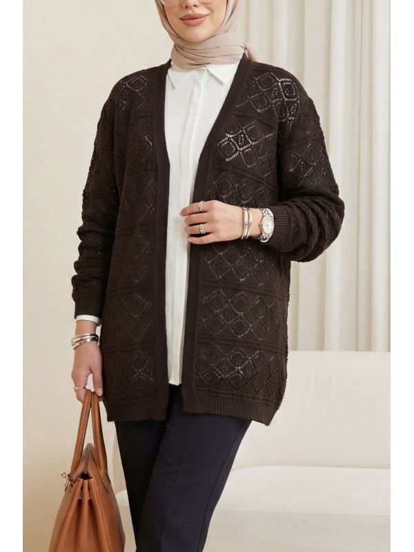 Kare Desenli Ajurlu Salaş Triko Hırka -K. Kahve