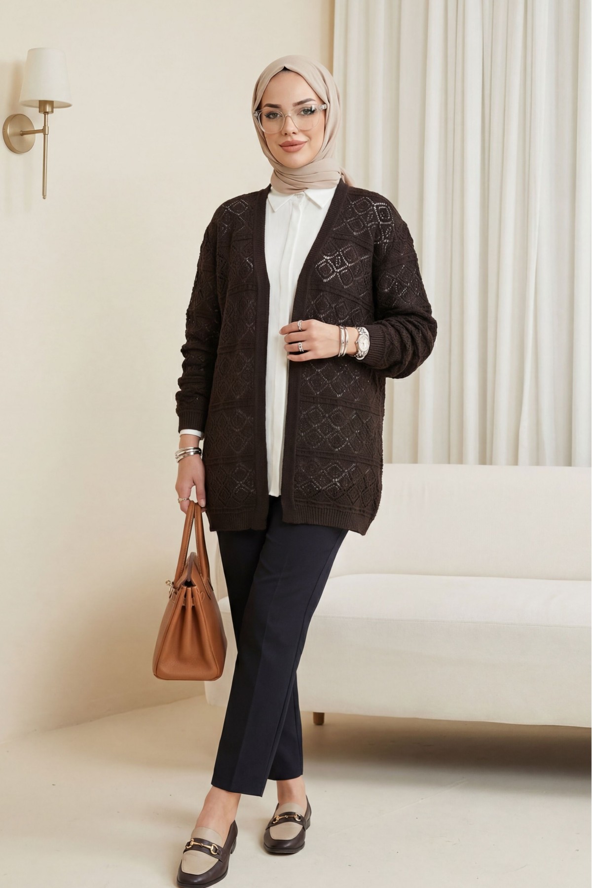 Kare Desenli Ajurlu Salaş Triko Hırka -K. Kahve