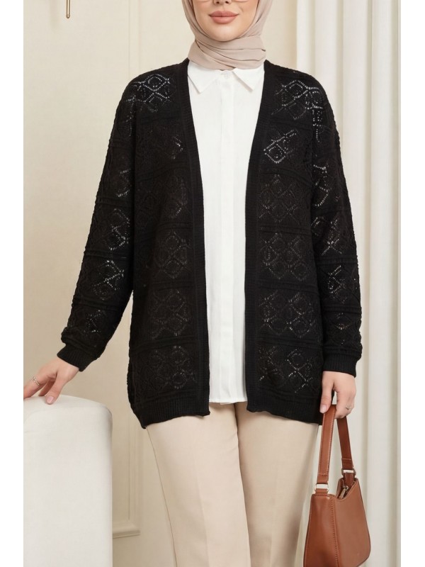 Kare Desenli Ajurlu Salaş Triko Hırka -Siyah