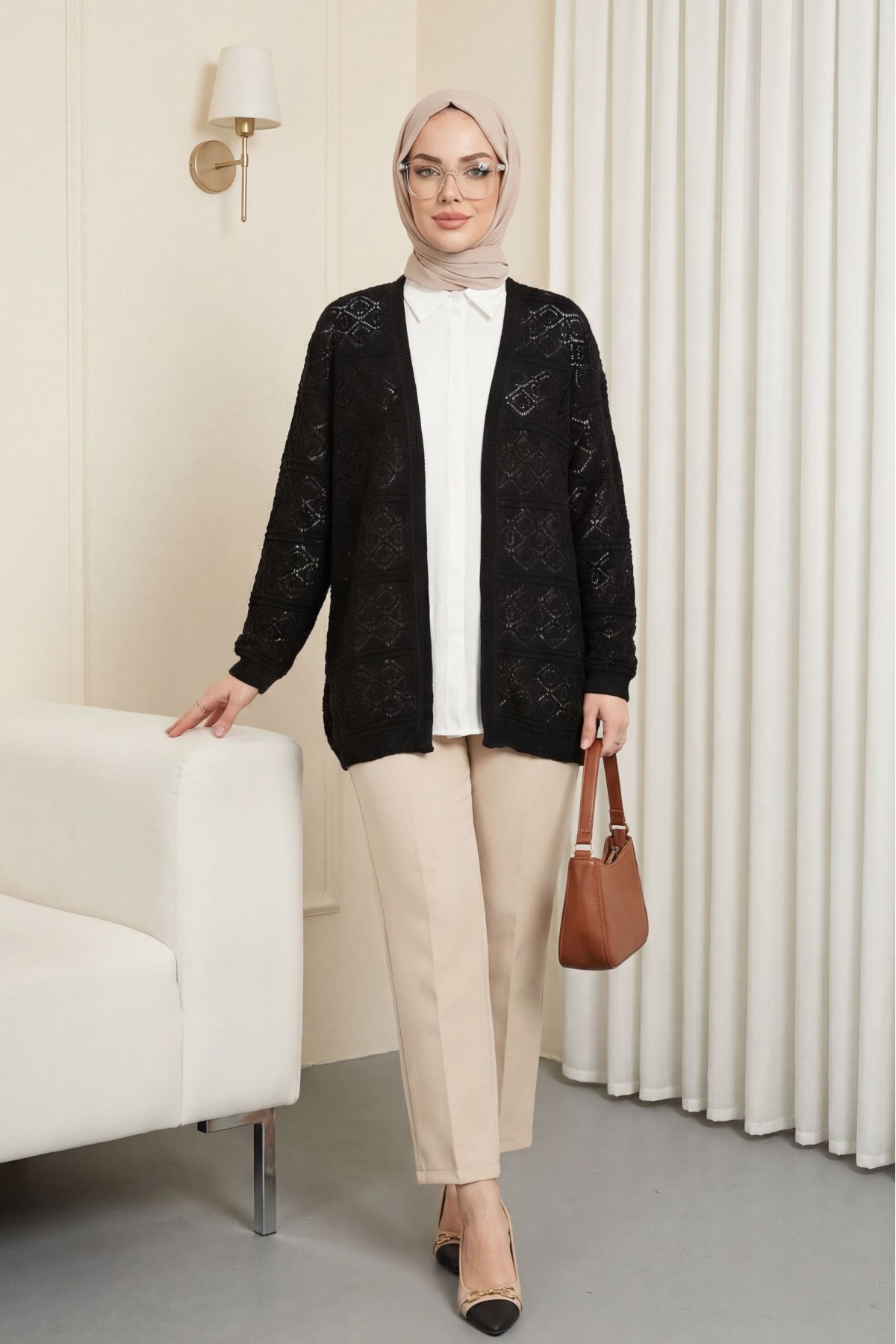 Kare Desenli Ajurlu Salaş Triko Hırka -Siyah