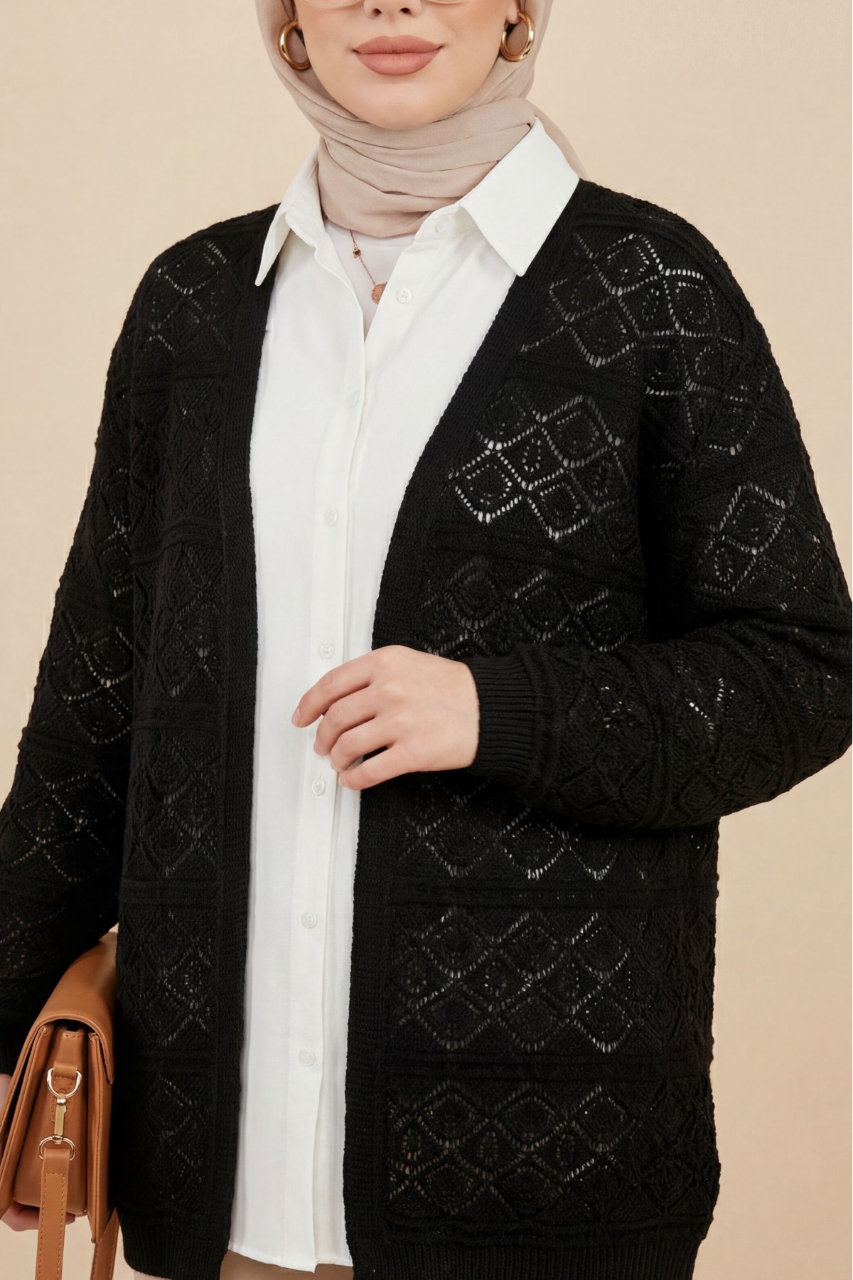 Kare Desenli Ajurlu Salaş Triko Hırka -Siyah