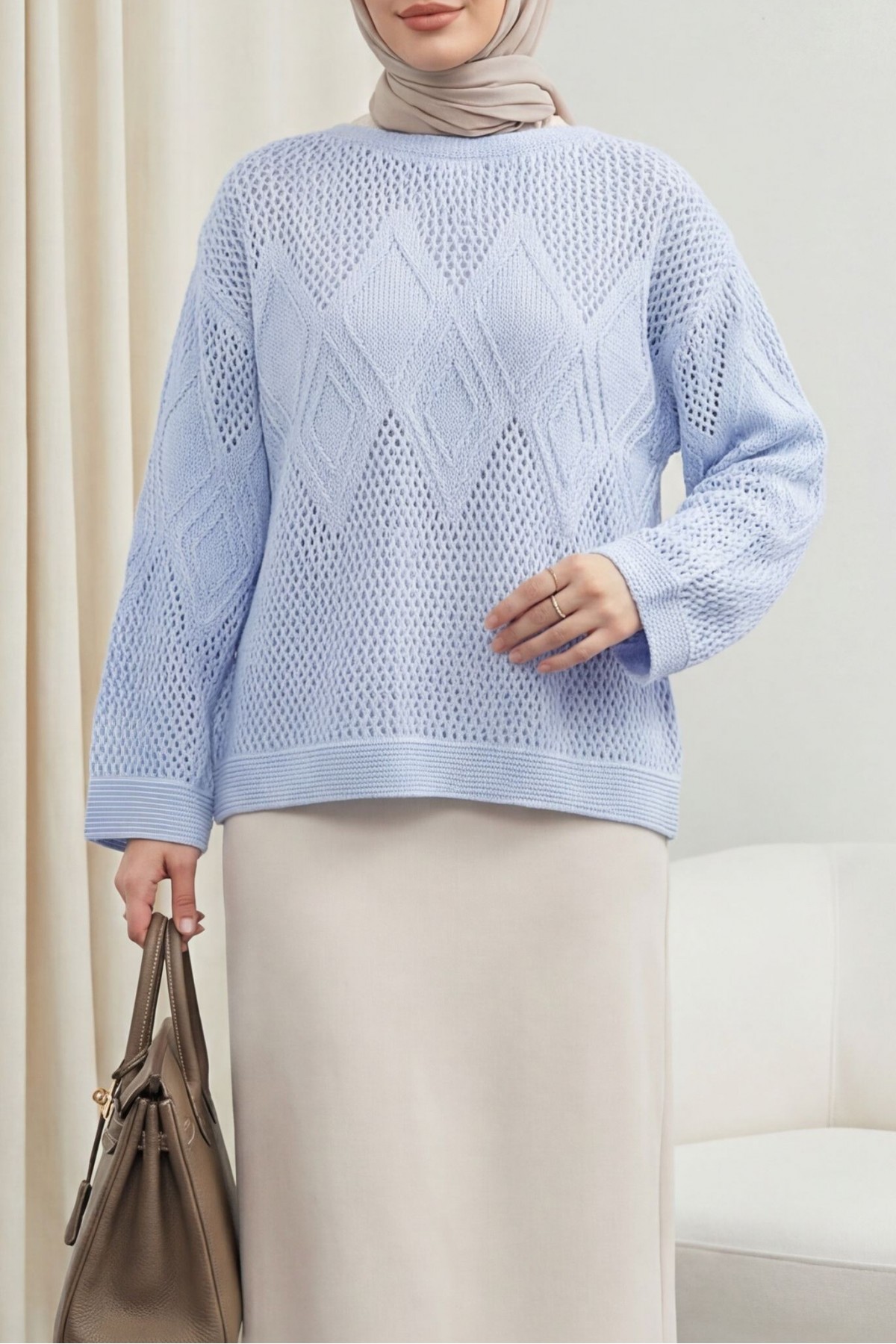 Önü Ve Kolları Desenli Ajurlu Triko Kazak -Bebe Mavi