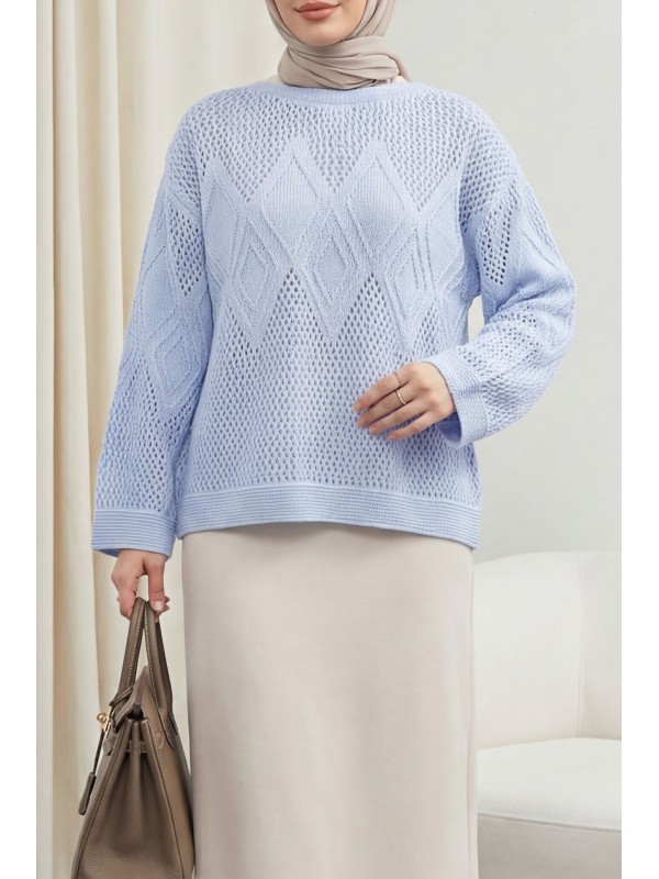 Önü Ve Kolları Desenli Ajurlu Triko Kazak -Bebe Mavi