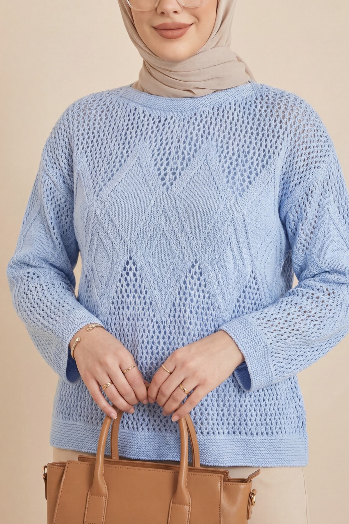 Önü Ve Kolları Desenli Ajurlu Triko Kazak -Bebe Mavi