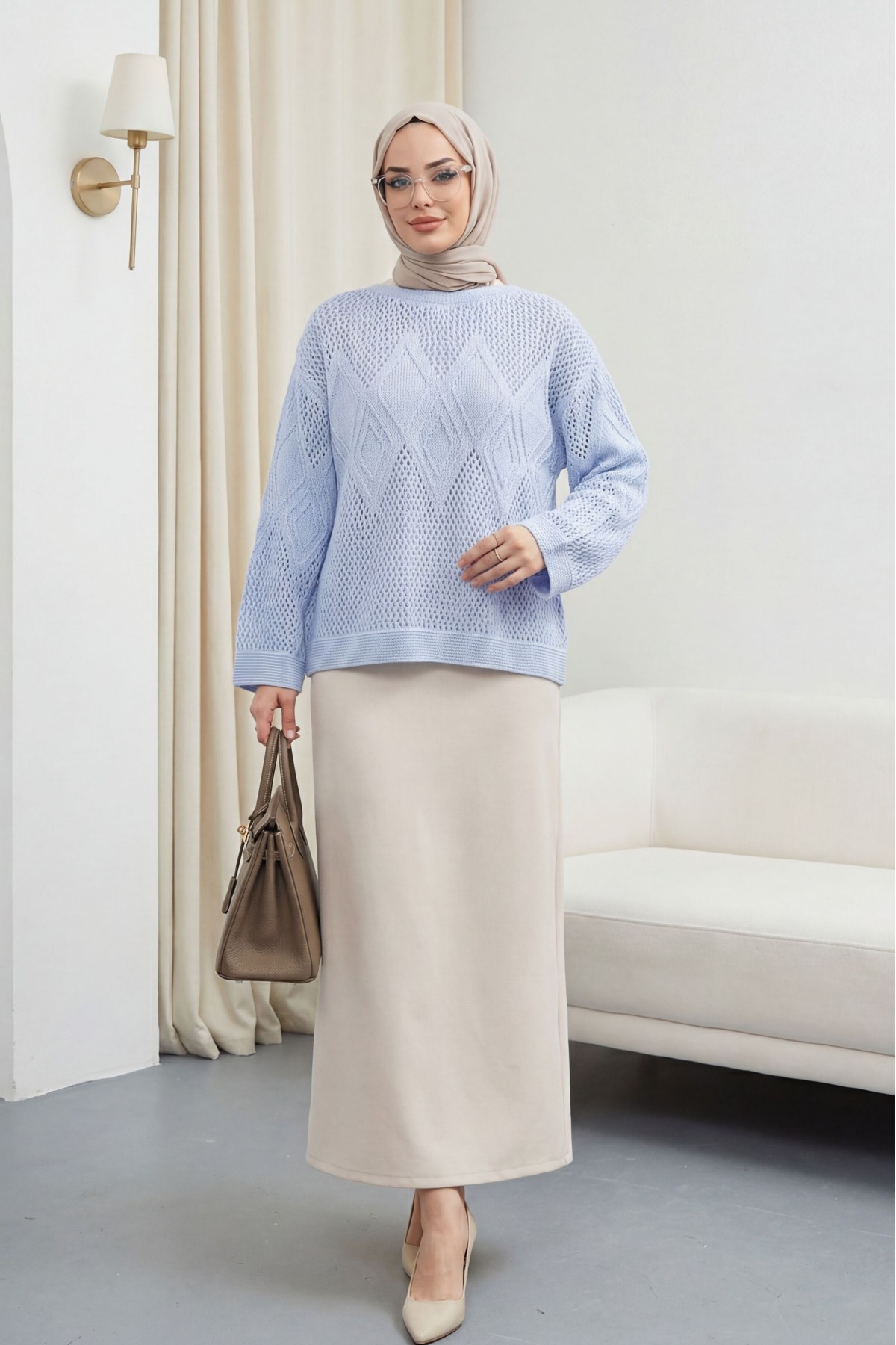 Önü Ve Kolları Desenli Ajurlu Triko Kazak -Bebe Mavi