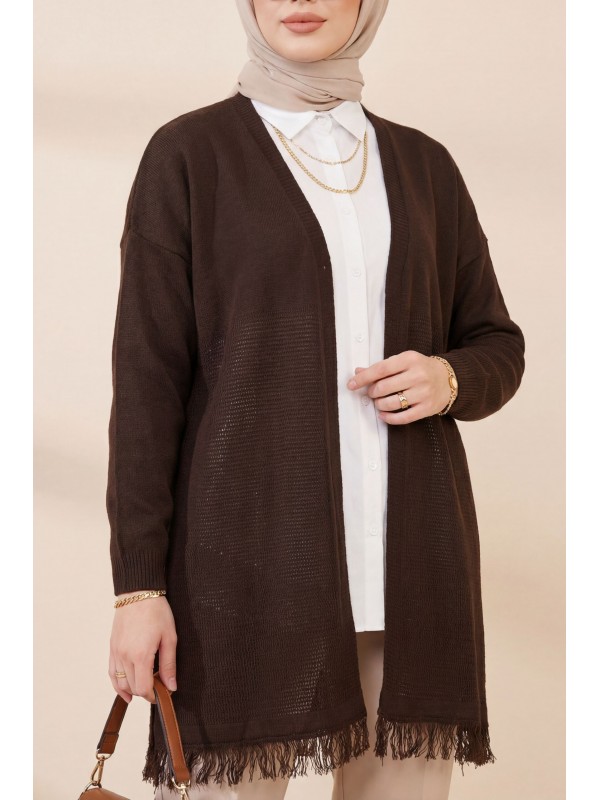 Eteği Püsküllü Fileli Hırka  -K. Kahve