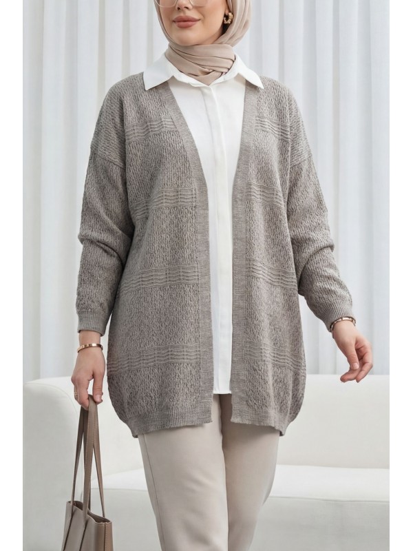 Ajurlu Dalga Desenli Triko Hırka   -Açık Kahve