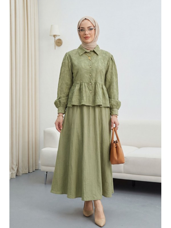 Taşlı Düğmeli Beli Bağlamalı Etekli Jakar Takım  -Çağla Y.