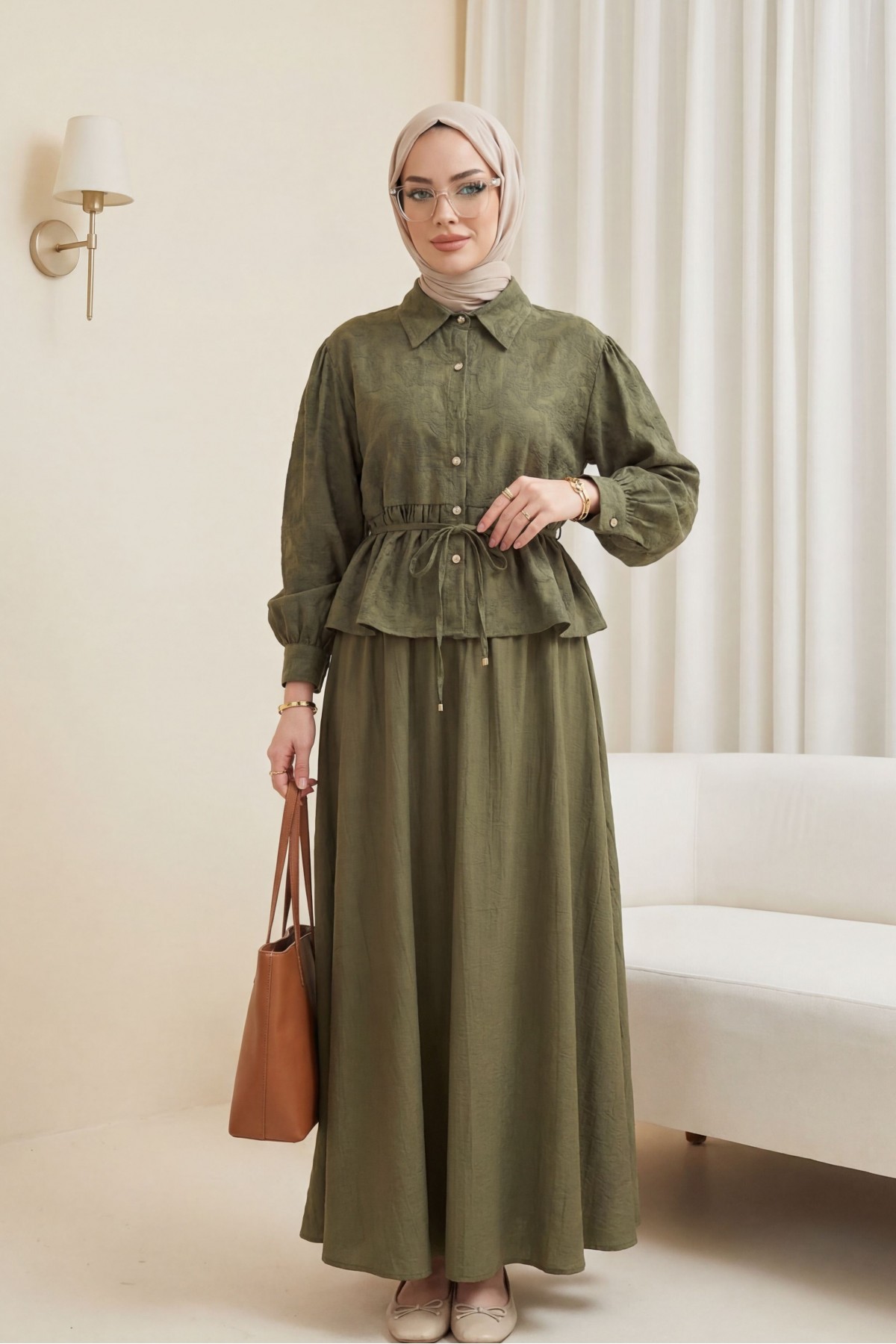 Taşlı Düğmeli Beli Bağlamalı Etekli Jakar Takım  -Haki