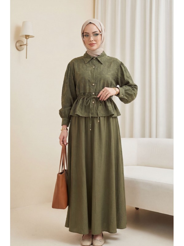 Taşlı Düğmeli Beli Bağlamalı Etekli Jakar Takım  -Haki