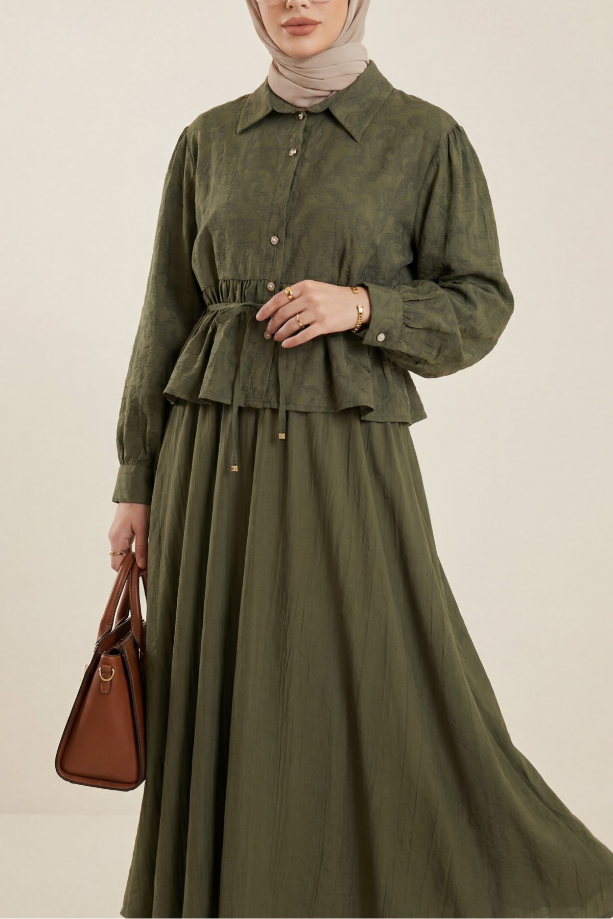 Taşlı Düğmeli Beli Bağlamalı Etekli Jakar Takım  -Haki