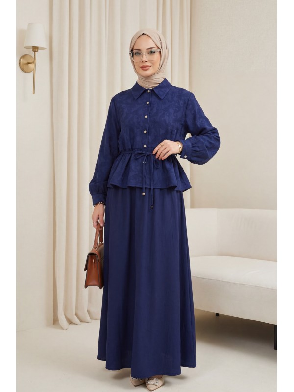 Taşlı Düğmeli Beli Bağlamalı Etekli Jakar Takım  -Laci