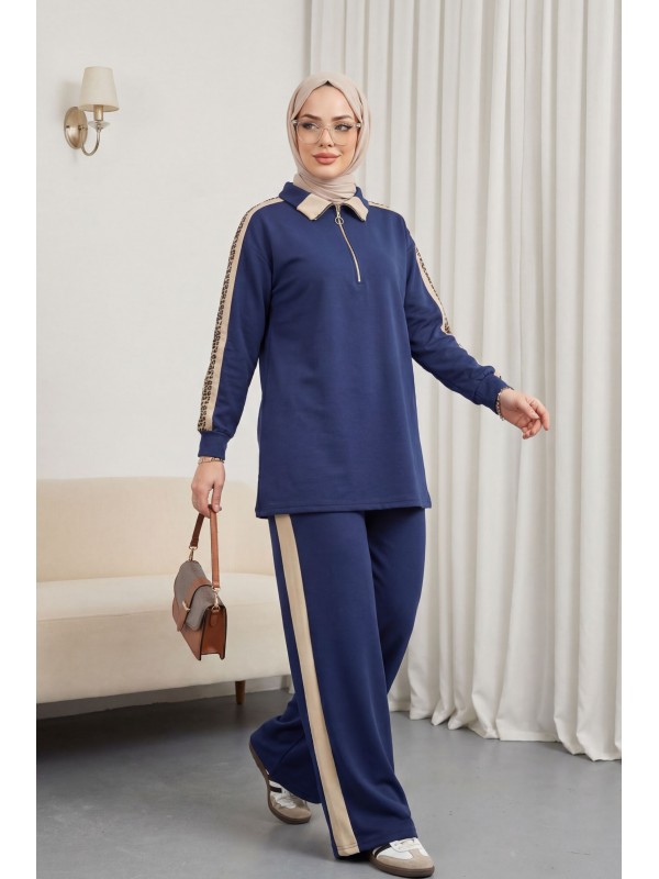 Yakalı Yarım Fermuarlı Yanları Desenli Penye Takım  -Laci