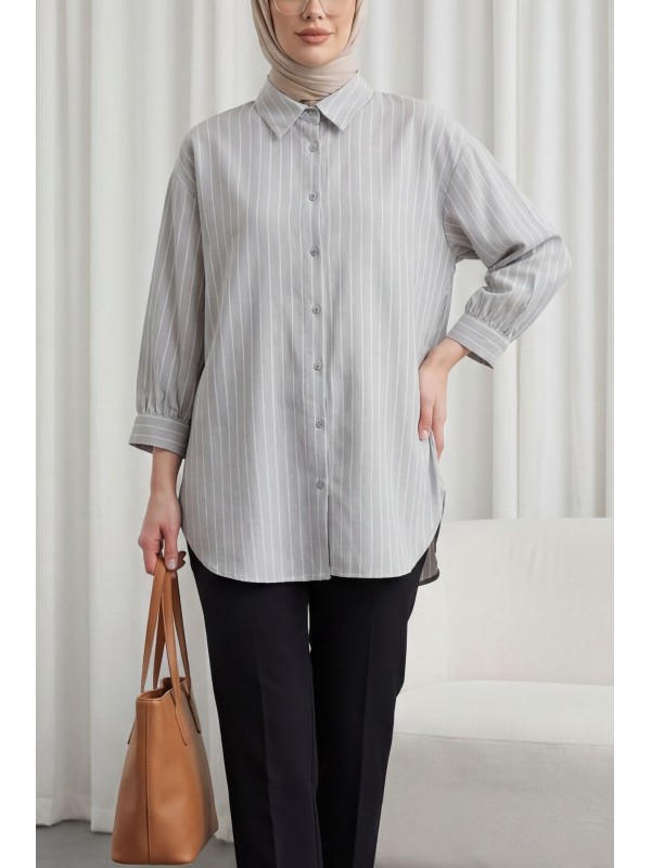Çizgili Yırtmaçlı Salaş Linda Gömlek -Açık Gri