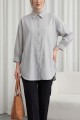 Çizgili Yırtmaçlı Salaş Linda Gömlek -Açık Gri