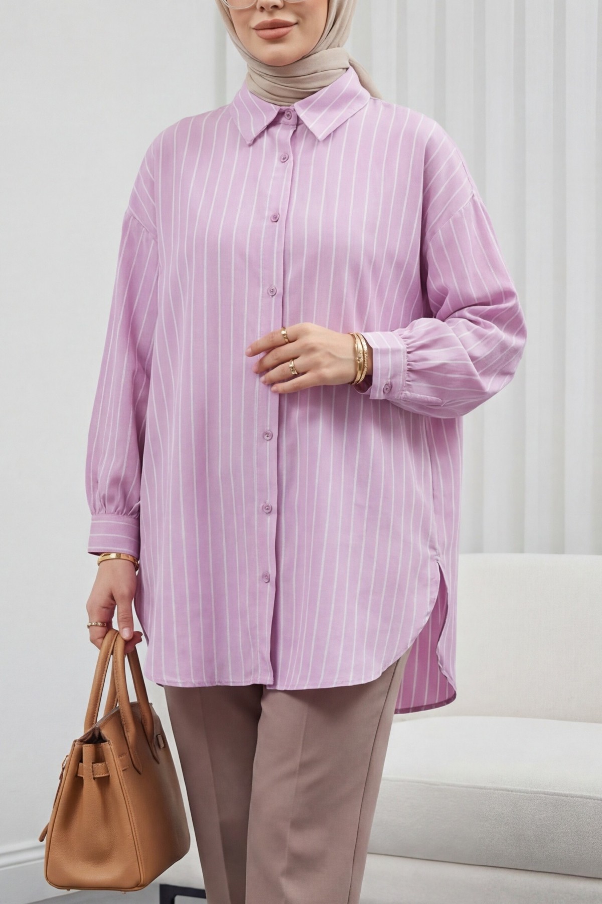 Çizgili Yırtmaçlı Salaş Linda Gömlek -Açık Lila