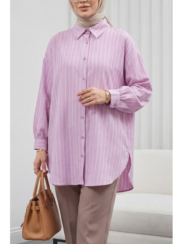 Çizgili Yırtmaçlı Salaş Linda Gömlek -Açık Lila