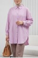Çizgili Yırtmaçlı Salaş Linda Gömlek -Açık Lila
