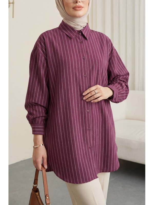 Çizgili Yırtmaçlı Salaş Linda Gömlek -Bordo