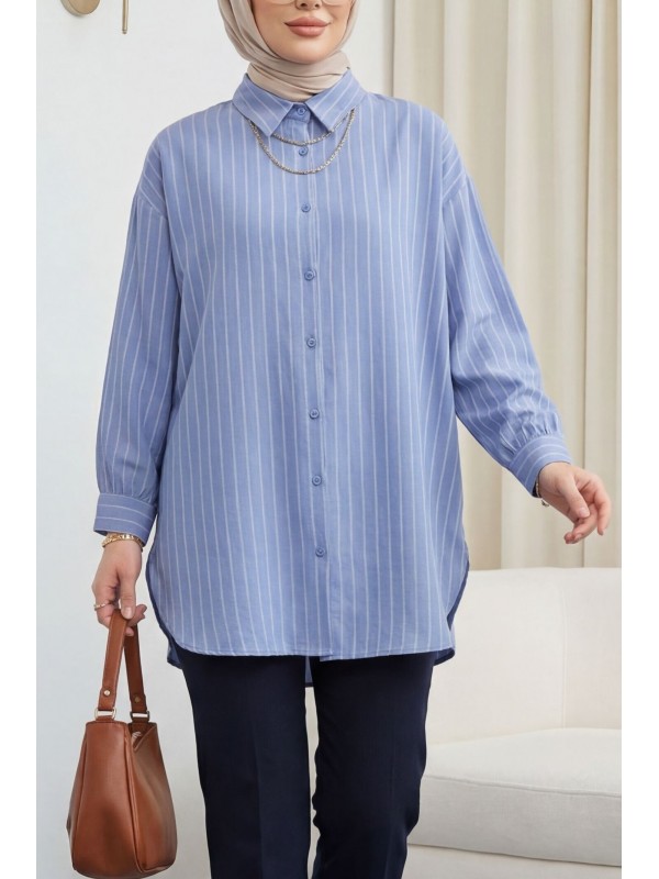 Çizgili Yırtmaçlı Salaş Linda Gömlek -Buz Mavi
