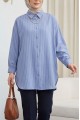Çizgili Yırtmaçlı Salaş Linda Gömlek -Buz Mavi
