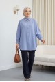 Çizgili Yırtmaçlı Salaş Linda Gömlek -Buz Mavi