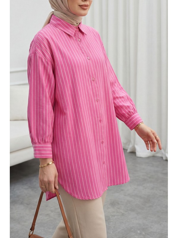 Çizgili Yırtmaçlı Salaş Linda Gömlek -Fuşya