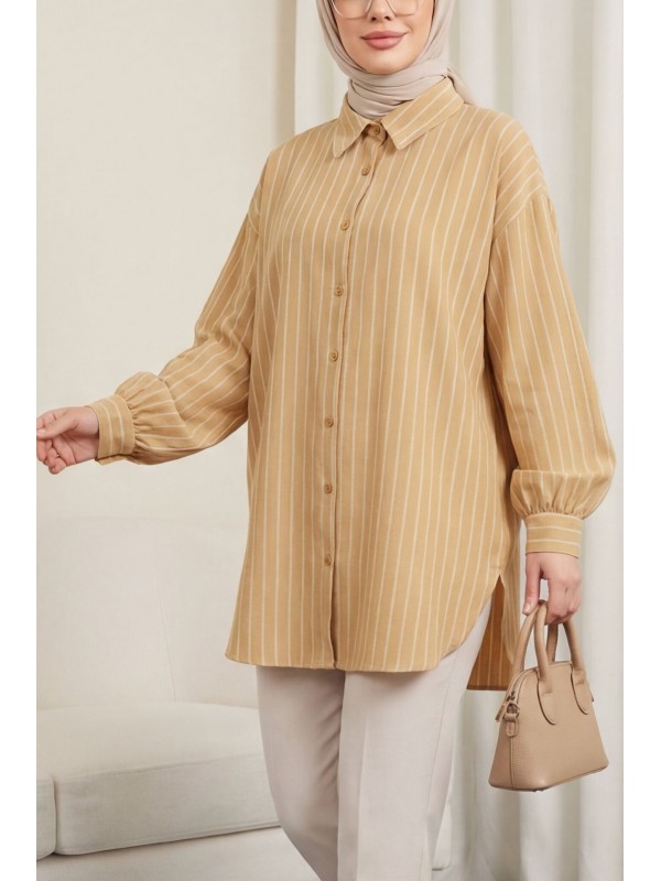 Çizgili Yırtmaçlı Salaş Linda Gömlek -Hardal