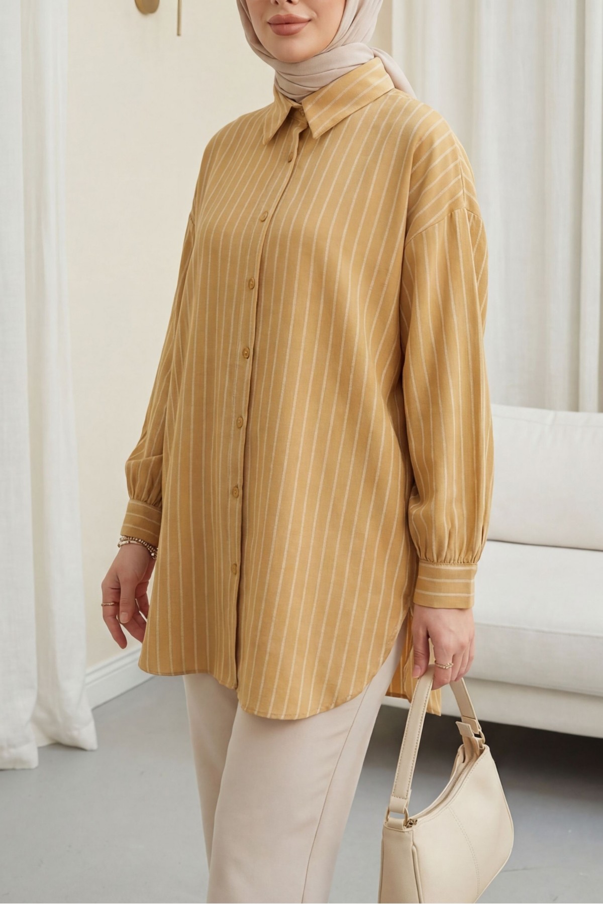 Çizgili Yırtmaçlı Salaş Linda Gömlek -Hardal