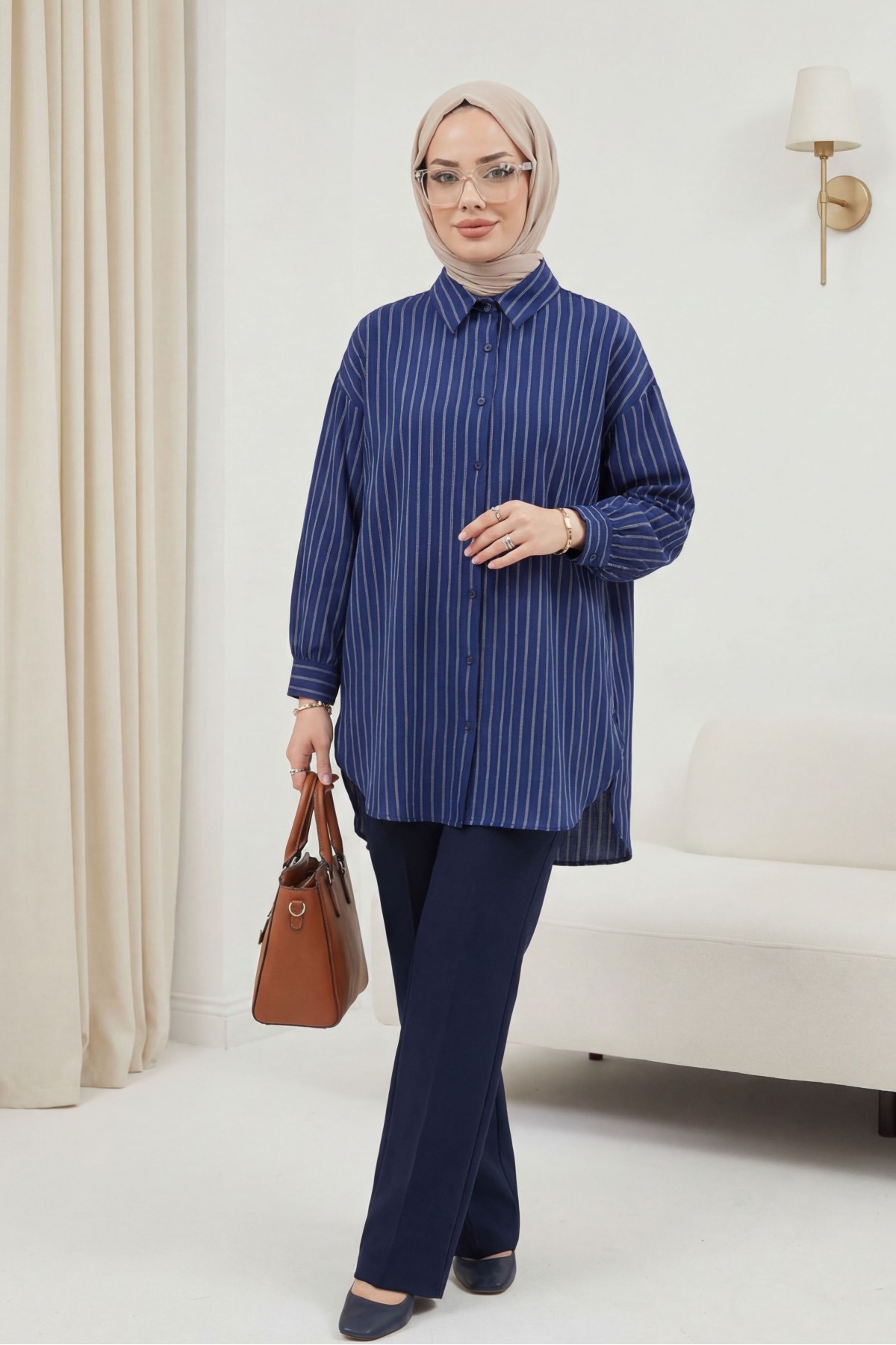 Çizgili Yırtmaçlı Salaş Linda Gömlek -Laci