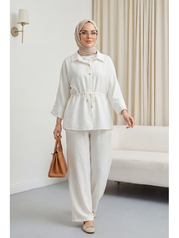 Tünel Bağcıklı Beli Lastikli Pantolonlu Pamuklu Krinkıl Takım  -Ekru