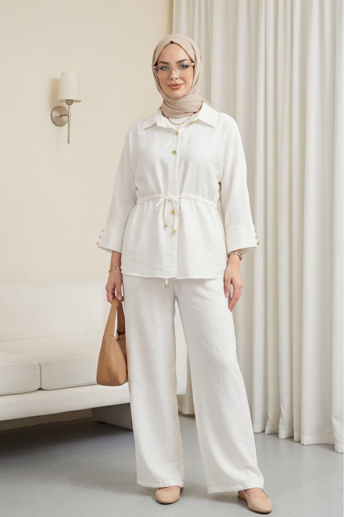 Tünel Bağcıklı Beli Lastikli Pantolonlu Pamuklu Krinkıl Takım  -Ekru
