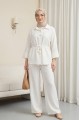 Tünel Bağcıklı Beli Lastikli Pantolonlu Pamuklu Krinkıl Takım  -Ekru