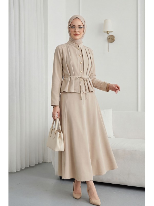 Önü Pileli Ve Düğmeli Beli Bağlamalı Etekli Krep Takım  -Bej
