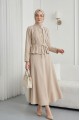 Önü Pileli Ve Düğmeli Beli Bağlamalı Etekli Krep Takım  -Bej