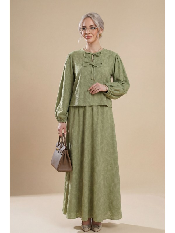 Kolu Lastikli Yakası Bağlamalı Etekli Jakar Takım   -Çağla Y.