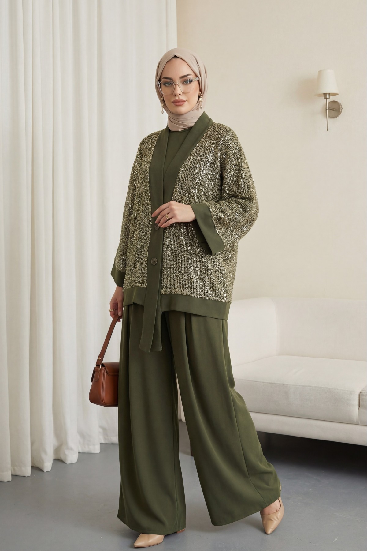 Pul Payet File Hırkalı 3'lü Sendy Takım  -Haki