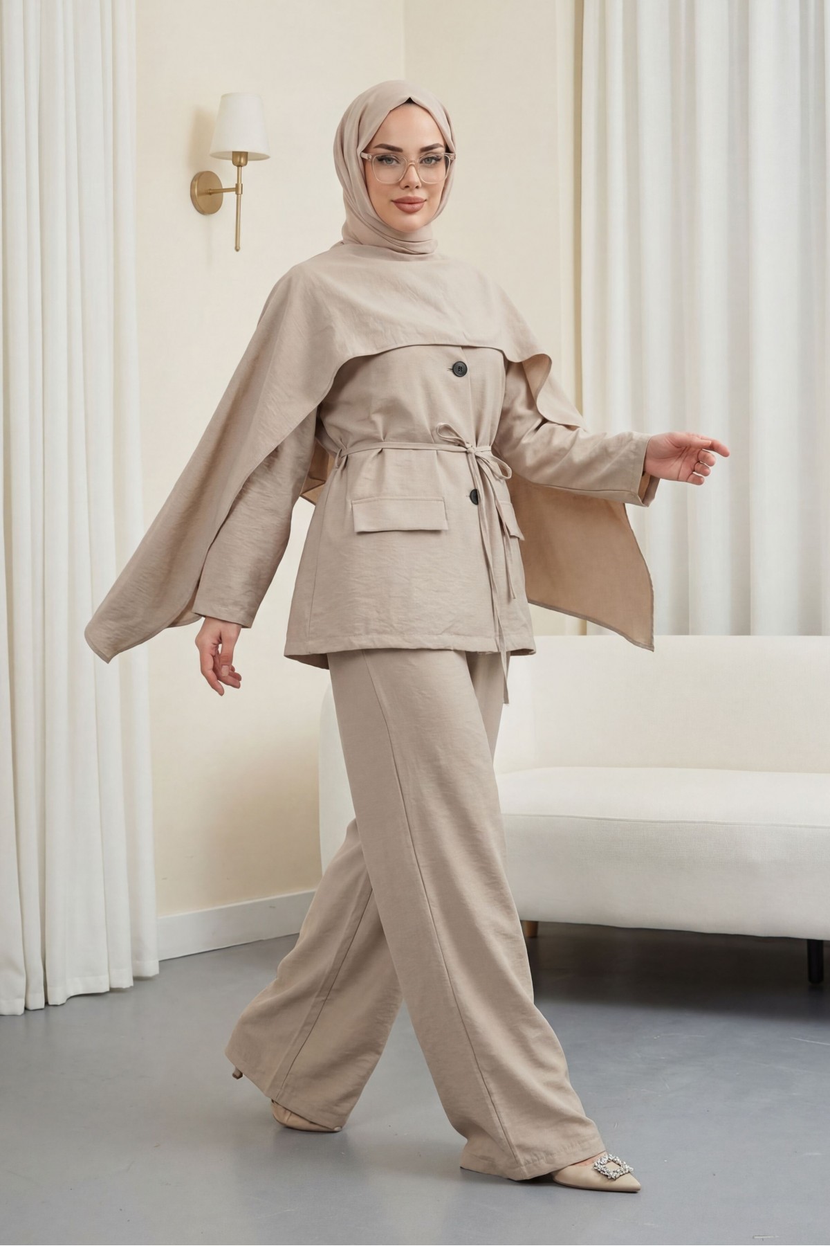 Cep Detaylı V Yaka Bağcıklı Fularlı Paraşüt Takım  -Taş