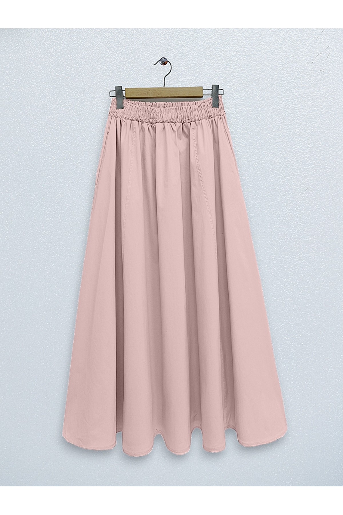 Beli Lastikli Çift Cepli Poplin Kloş Etek     -Pudra