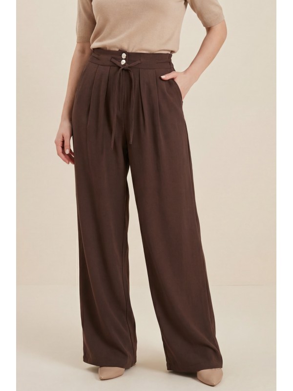 Beli Bağcıklı Çift Düğmeli Yüksek Bel Tensel Pantolon  -Kahve