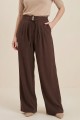 Beli Bağcıklı Çift Düğmeli Yüksek Bel Tensel Pantolon  -Kahve